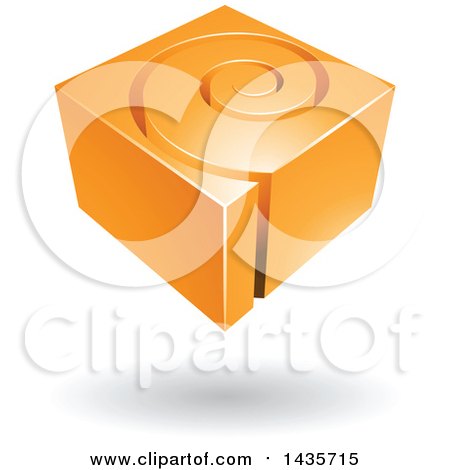 Clipart of a 3d Abstract Floating Orange Cube with a Spiral, over a Shadow - Royalty Free Vector Illustration by cidepix