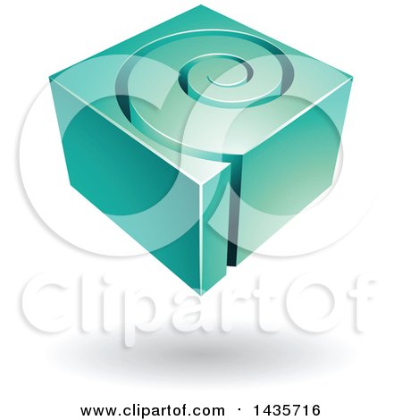Clipart of a 3d Abstract Floating Turquoise Cube with a Spiral, over a Shadow - Royalty Free Vector Illustration by cidepix