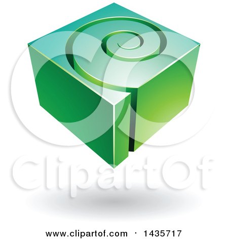 Clipart of a 3d Abstract Floating Green and Turquoise Cube with a Spiral, over a Shadow - Royalty Free Vector Illustration by cidepix