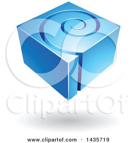 Clipart of a 3d Abstract Floating Blue Cube with a Spiral, over a Shadow - Royalty Free Vector Illustration by cidepix