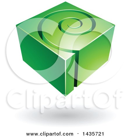Clipart of a 3d Abstract Floating Green Cube with a Spiral, over a Shadow - Royalty Free Vector Illustration by cidepix