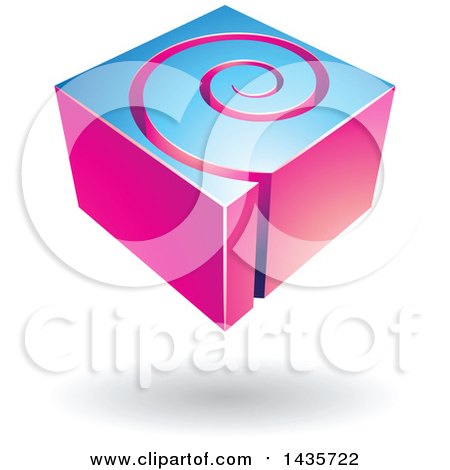 Clipart of a 3d Abstract Floating Pink and Blue Cube with a Spiral, over a Shadow - Royalty Free Vector Illustration by cidepix