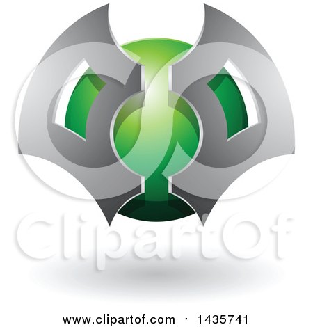 Clipart of a Gray and Green Futuristic Abstract Shielded Sphere Design with a Shadow - Royalty Free Vector Illustration by cidepix