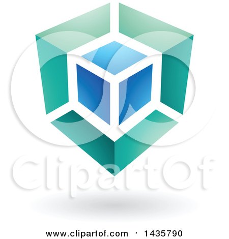 Clipart of a Turquoise and Blue Cube Design, with a Shadow - Royalty Free Vector Illustration by cidepix
