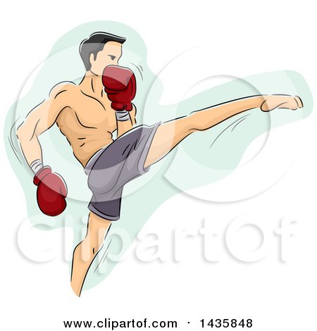 Clipart of a Sketched Male Fighter Doing a Muay Thai Kick - Royalty Free Vector Illustration by BNP Design Studio