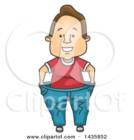 Clipart of a Cartoon Happy Brunette White Man Wearing His Fat Jeans After Weight Loss - Royalty Free Vector Illustration by BNP Design Studio