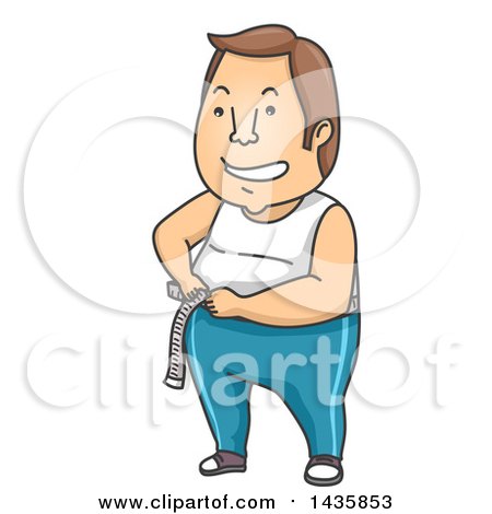 Clipart of a Cartoon Brunette White Man in Exercise Clothes, Measuring His Waist - Royalty Free Vector Illustration by BNP Design Studio