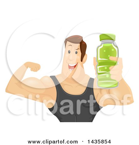 Clipart of a Brunette Caucasian Man Wearing a Tank Top, Holding an Energy Drink and Flexing His Biceps - Royalty Free Vector Illustration by BNP Design Studio