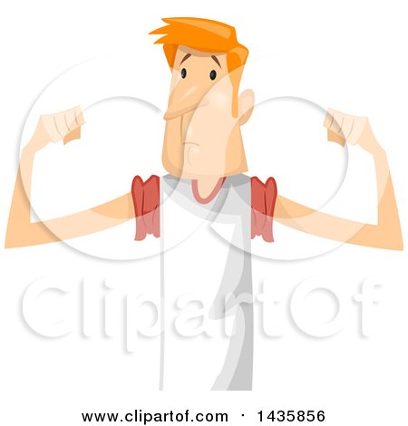 Clipart of a Sad Skinny Red Haired Caucasian Man Flexing and Seeing No Muscles - Royalty Free Vector Illustration by BNP Design Studio