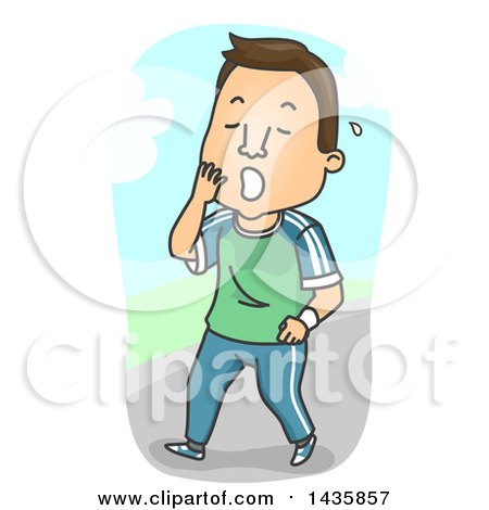 Clipart of a Cartoon Brunette White Man Yawning After an Exhausting Workout - Royalty Free Vector Illustration by BNP Design Studio