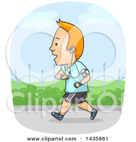 Clipart of a Cartoon Red Haired Caucasian Man Listening to Music and Running - Royalty Free Vector Illustration by BNP Design Studio
