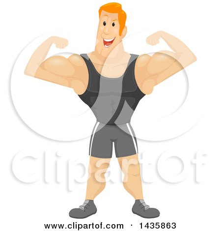 Clipart of a Cartoon Full Length Red Haired White Man Flexing His Muscles - Royalty Free Vector Illustration by BNP Design Studio