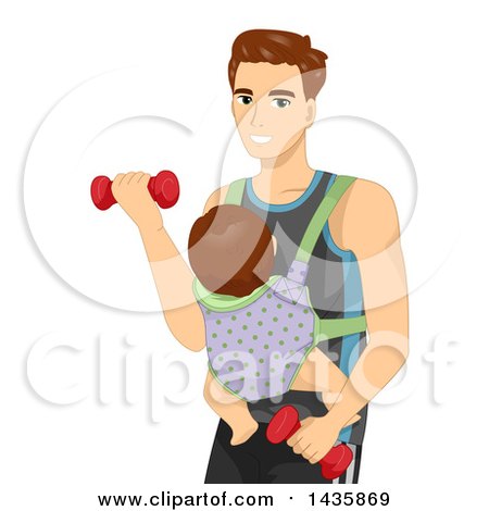 Clipart of a Brunette Caucasian Father Wearing a Baby on His Chest and Working out with Dumbbells - Royalty Free Vector Illustration by BNP Design Studio