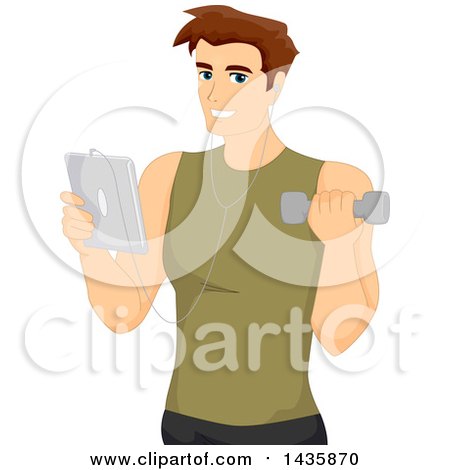Clipart of a Brunette Caucasian Man Wearing Ear Buds, Holding a Tablet, and Working out with a Dumbbell - Royalty Free Vector Illustration by BNP Design Studio