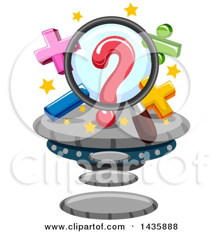 Clipart of a Floating Metal Island with Math Symbols and a Magnifying Glass - Royalty Free Vector Illustration by BNP Design Studio