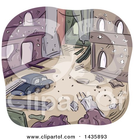 Clipart of a Sketched City in Ruins After a War - Royalty Free Vector Illustration by BNP Design Studio