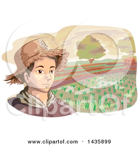 Clipart of a Sketched Male Farmer Wearing a Straw Hat Against a Rice Field - Royalty Free Vector Illustration by BNP Design Studio