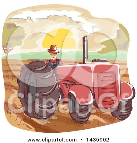 Clipart of a Sketched Male Farmer Operating a Tractor - Royalty Free Vector Illustration by BNP Design Studio