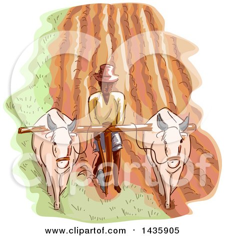 Clipart of a Sketched Male Farmer Plowing a Field with Water Buffalos - Royalty Free Vector Illustration by BNP Design Studio