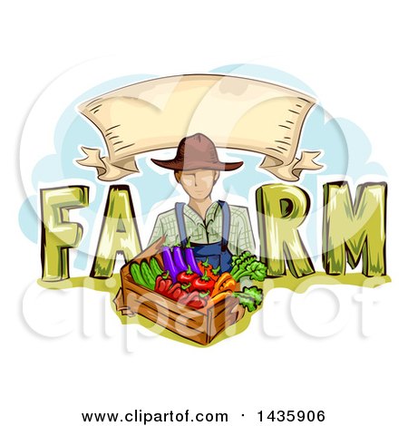 Clipart of a Sketched Male Farmer in Overalls, Holding a Box of Produce in FARM Text Under a Banner - Royalty Free Vector Illustration by BNP Design Studio