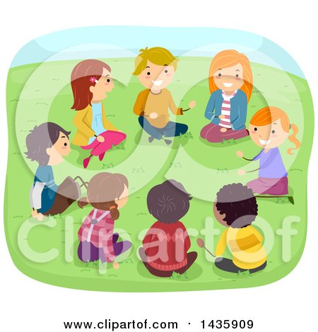 Clipart of School Children Sitting in a Cricle and Talking in a Park - Royalty Free Vector Illustration by BNP Design Studio