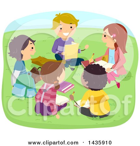 Clipart of School Children Sitting in a Circle and Reading in a Park - Royalty Free Vector Illustration by BNP Design Studio