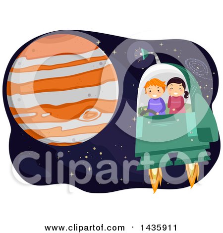 Clipart of School Children Flying a Spaceship near Planet Jupiter - Royalty Free Vector Illustration by BNP Design Studio