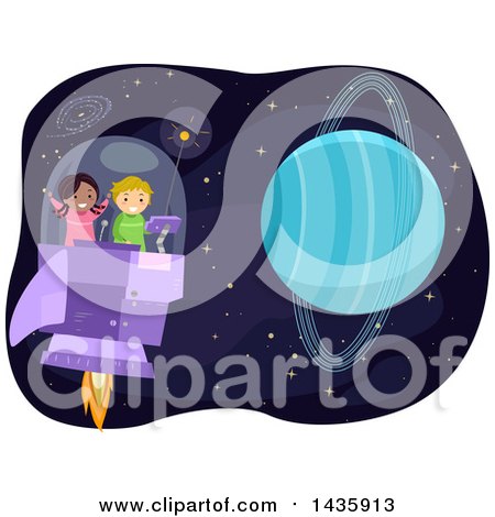 Clipart of School Children Flying a Spaceship near Planet Uranus - Royalty Free Vector Illustration by BNP Design Studio