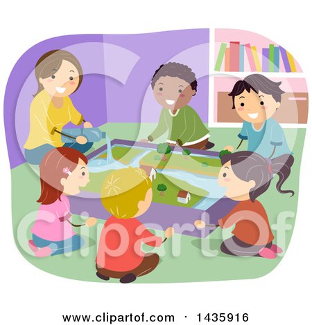 Clipart of School Children and a Teacher Learning About Water Flow and Erosion - Royalty Free Vector Illustration by BNP Design Studio