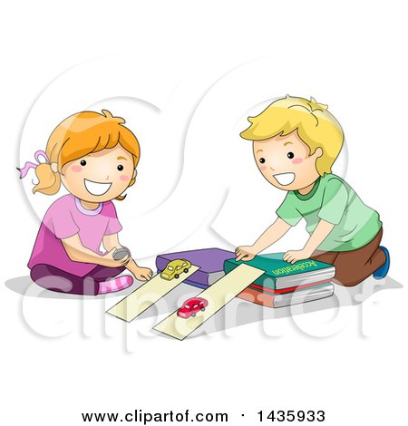 Clipart of School Children Studying Physics Acceleration with Cars - Royalty Free Vector Illustration by BNP Design Studio