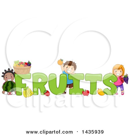 Clipart of School Children with Produce Around FRUITS Text - Royalty Free Vector Illustration by BNP Design Studio