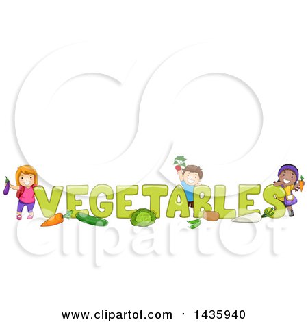 Clipart of School Children with Produce Around VEGETABLES Text - Royalty Free Vector Illustration by BNP Design Studio