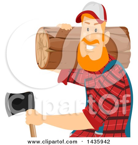 Clipart of a Red Haired White Male Lumberjack Carrying a Log and an Axe - Royalty Free Vector Illustration by BNP Design Studio