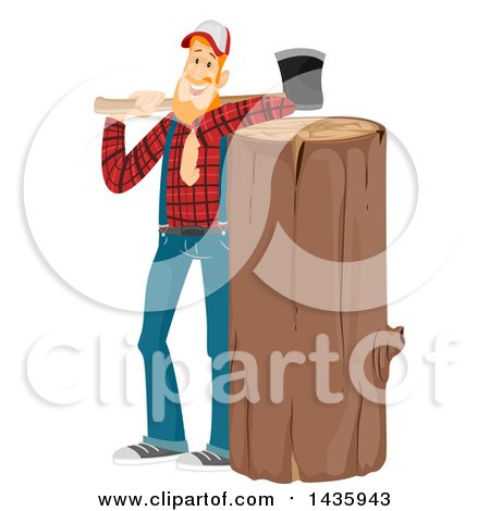 Clipart of a Red Haired White Male Lumberjack Leaning on a Big Log and Holding an Axe - Royalty Free Vector Illustration by BNP Design Studio