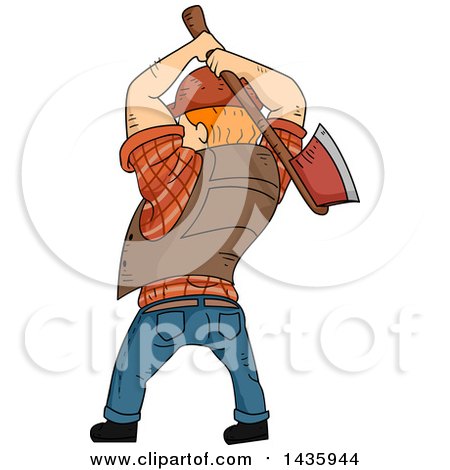 Clipart of a Cartoon Rear View of a Red Haired White Male Lumberjack Swinging an Axe - Royalty Free Vector Illustration by BNP Design Studio