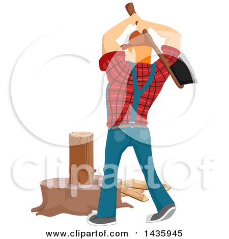 Clipart of a Rear View of a Red Haired White Male Lumberjack Swinging an Axe and Splitting Firewood - Royalty Free Vector Illustration by BNP Design Studio