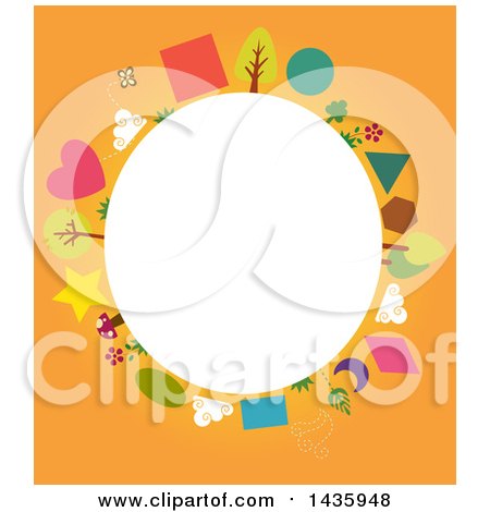Clipart of a Blank Oval Framed with Shapes and Nature Icons on Orange - Royalty Free Vector Illustration by BNP Design Studio