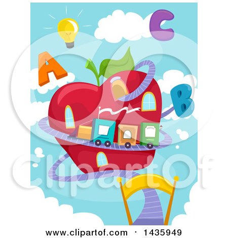 Clipart of a Train Around an Apple House with Alphabet Letters and a Lightbulb Against Sky - Royalty Free Vector Illustration by BNP Design Studio