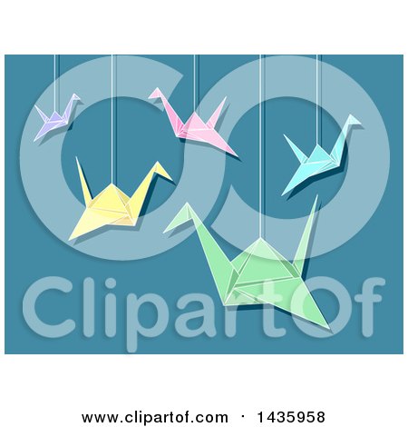 Clipart of Suspended Origami Cranes over Blue - Royalty Free Vector Illustration by BNP Design Studio