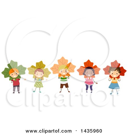 Clipart of a Row of Children Wearing Maple Leaves - Royalty Free Vector Illustration by BNP Design Studio