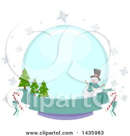 Clipart of a Round Snowglobe Label with a Snowman, Snowflakes, and Christmas Trees over a Banner - Royalty Free Vector Illustration by BNP Design Studio
