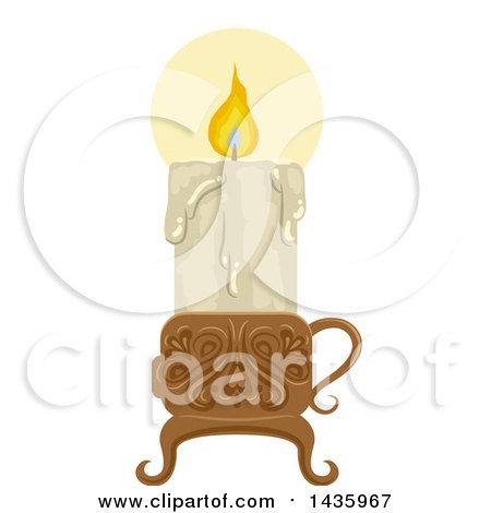 Clipart of a Melting and Lit Candle in a Holder - Royalty Free Vector Illustration by BNP Design Studio