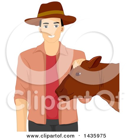 Clipart of a Happy Male Farmer Petting a Cow - Royalty Free Vector Illustration by BNP Design Studio