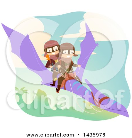 Clipart of a Boy and Girl Riding a Pterodactyl Dinosaur - Royalty Free Vector Illustration by BNP Design Studio