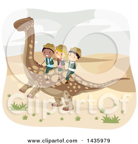 Clipart of a Group of Children Riding an Argentinosaurus Dinosaur - Royalty Free Vector Illustration by BNP Design Studio
