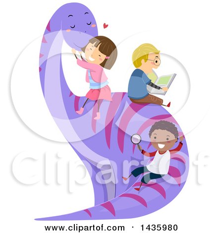 Clipart of a Group of Chidlren Sitting on and Sliding down a Dinosaur - Royalty Free Vector Illustration by BNP Design Studio