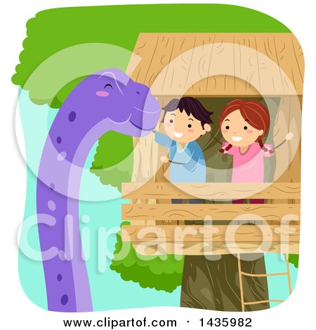 Clipart of a Boy and Girl in a Tree House, Petting a Dinosaur - Royalty Free Vector Illustration by BNP Design Studio