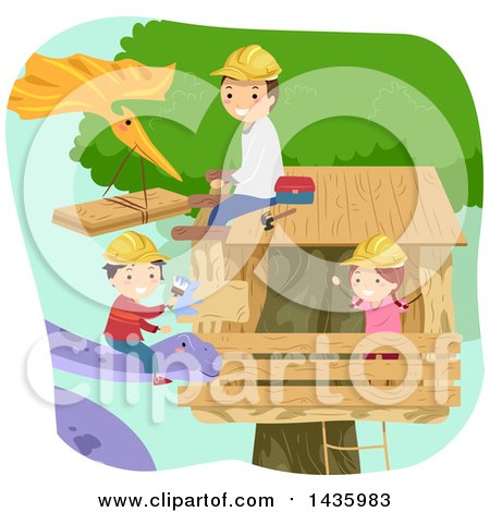 Clipart of Dionsaurs Helping a Family Build a Tree House - Royalty Free Vector Illustration by BNP Design Studio