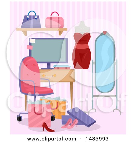 Clipart of a Computer Monitor in a Room with a Mannequin, Mirror and Shopping Bags - Royalty Free Vector Illustration by BNP Design Studio
