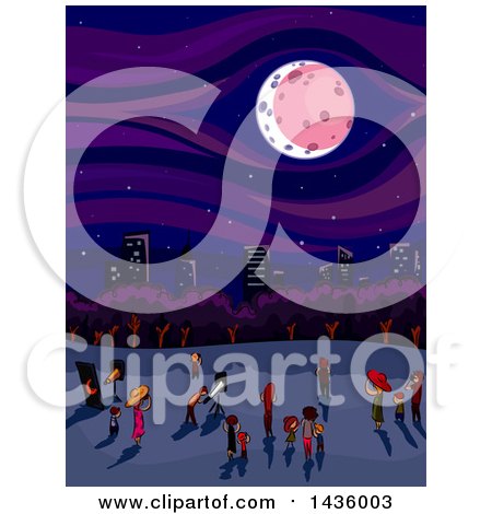 Clipart of a Crowd of People Watching a Lunar Eclips near a City - Royalty Free Vector Illustration by BNP Design Studio